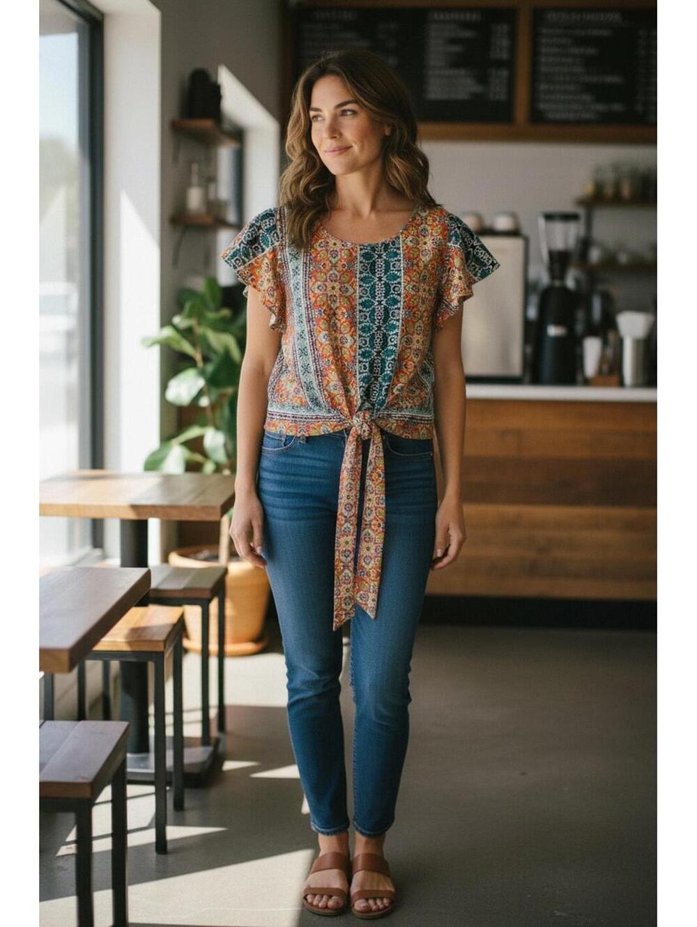 BCX Medium Multicolor Patterned Tie-Front Blouse